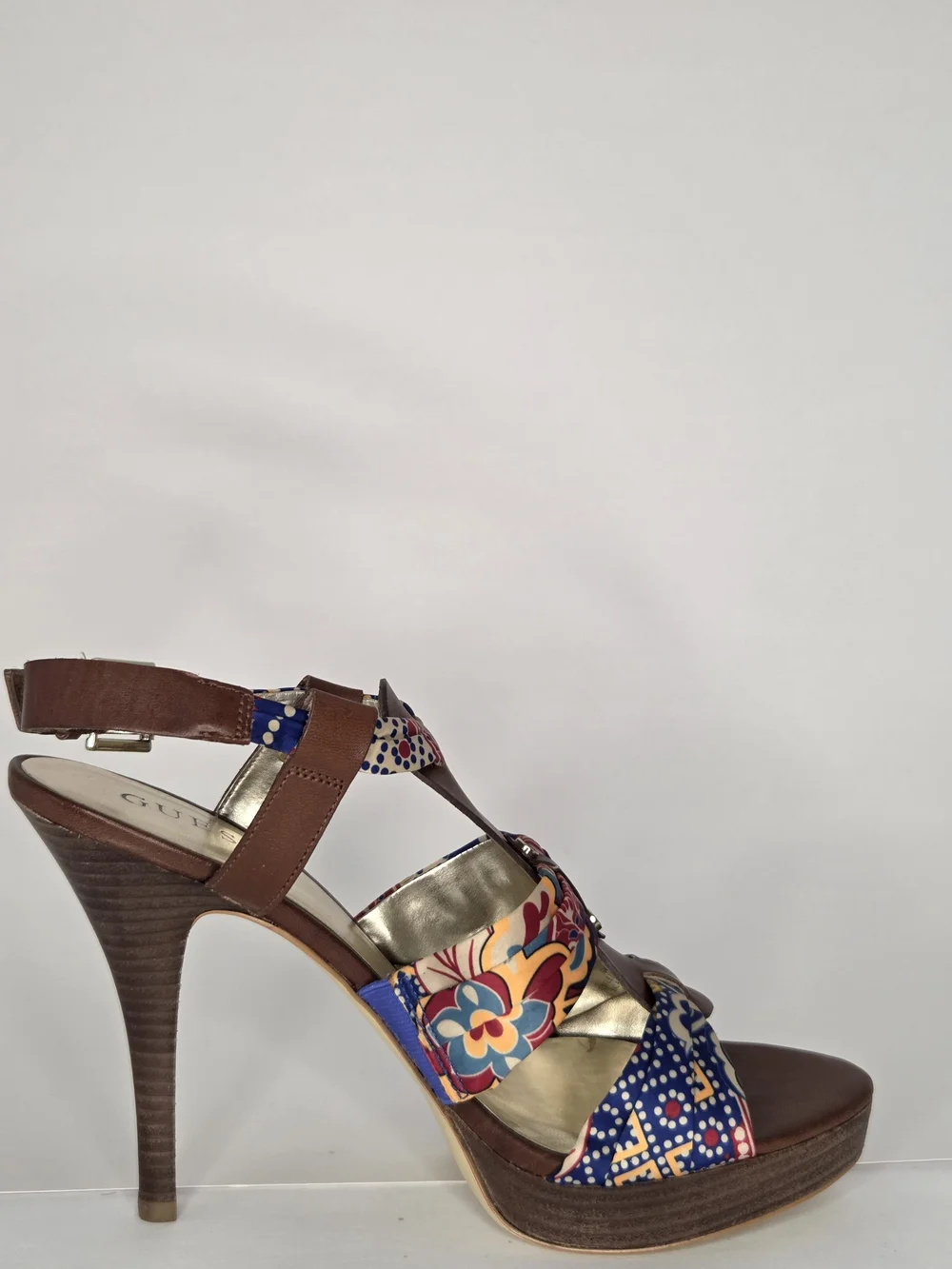 GUESS Kaedi Brown Leather Multi Floral Fabric Platform Sandals Heels